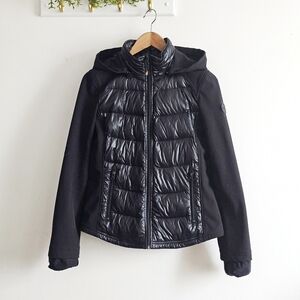 Halifax Traders Black Hybrid Down Puffer Jacket Hooded Thumbhole Cuffs M